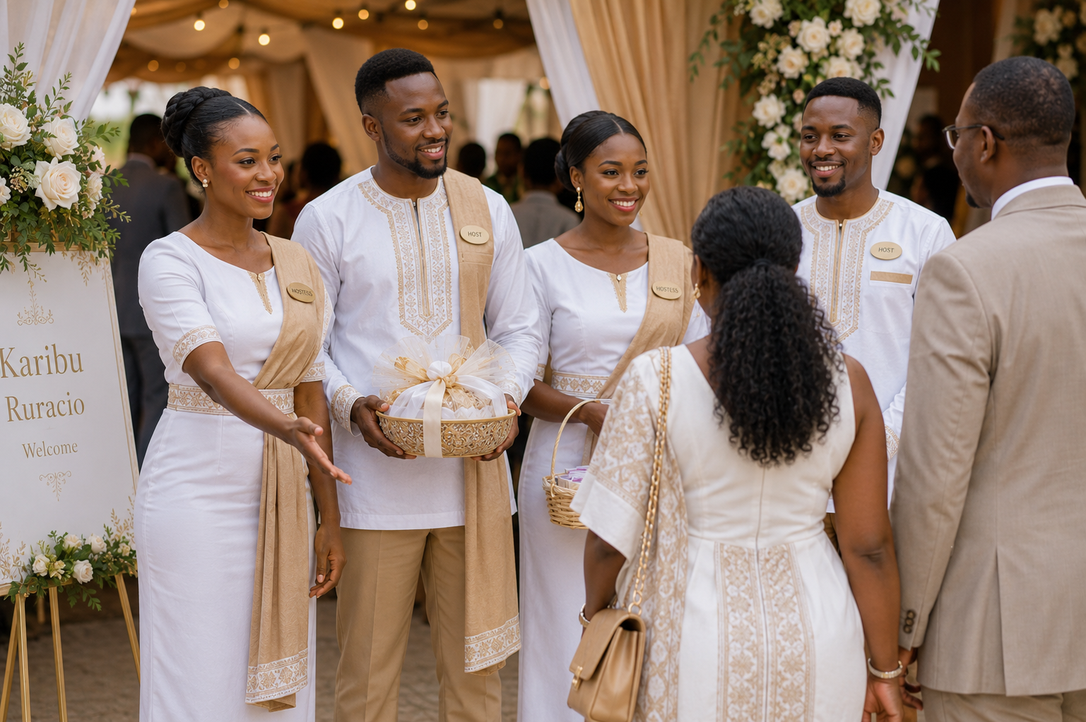 Professional wedding ushers warmly welcoming and guiding guests at an elegant outdoor wedding reception, featuring coordinated champagne-gold attire, floral décor, and luxury hospitality service in Kenya.