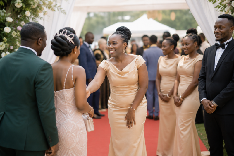 Professional wedding ushers warmly welcoming guests during an elegant outdoor wedding ceremony in Nairobi, Kenya, with coordinated champagne-gold attire, organized guest reception, and luxury traditional event hospitality.