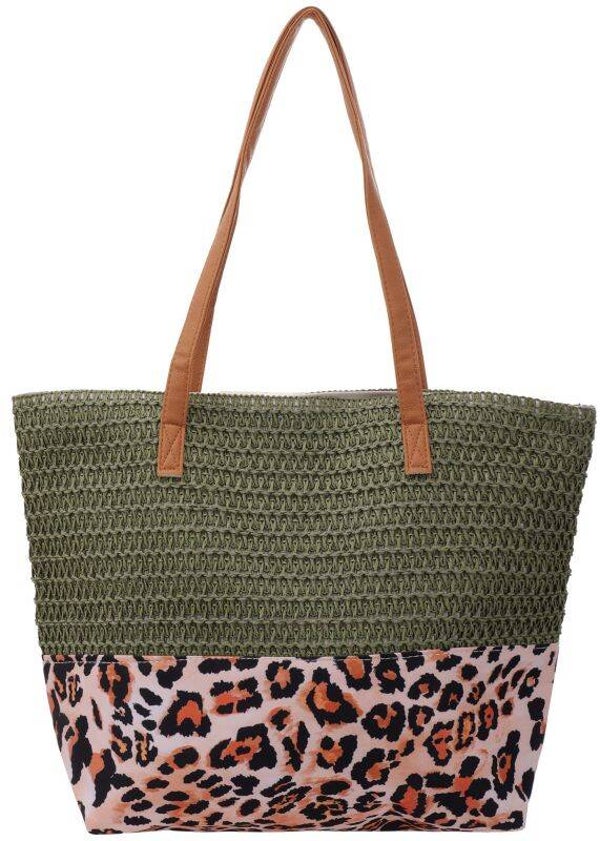 Beach Bag Woven Leopard 47x36x13cm groen