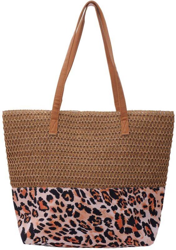 Beach Bag Woven Leopard 47x36x13cm Brown