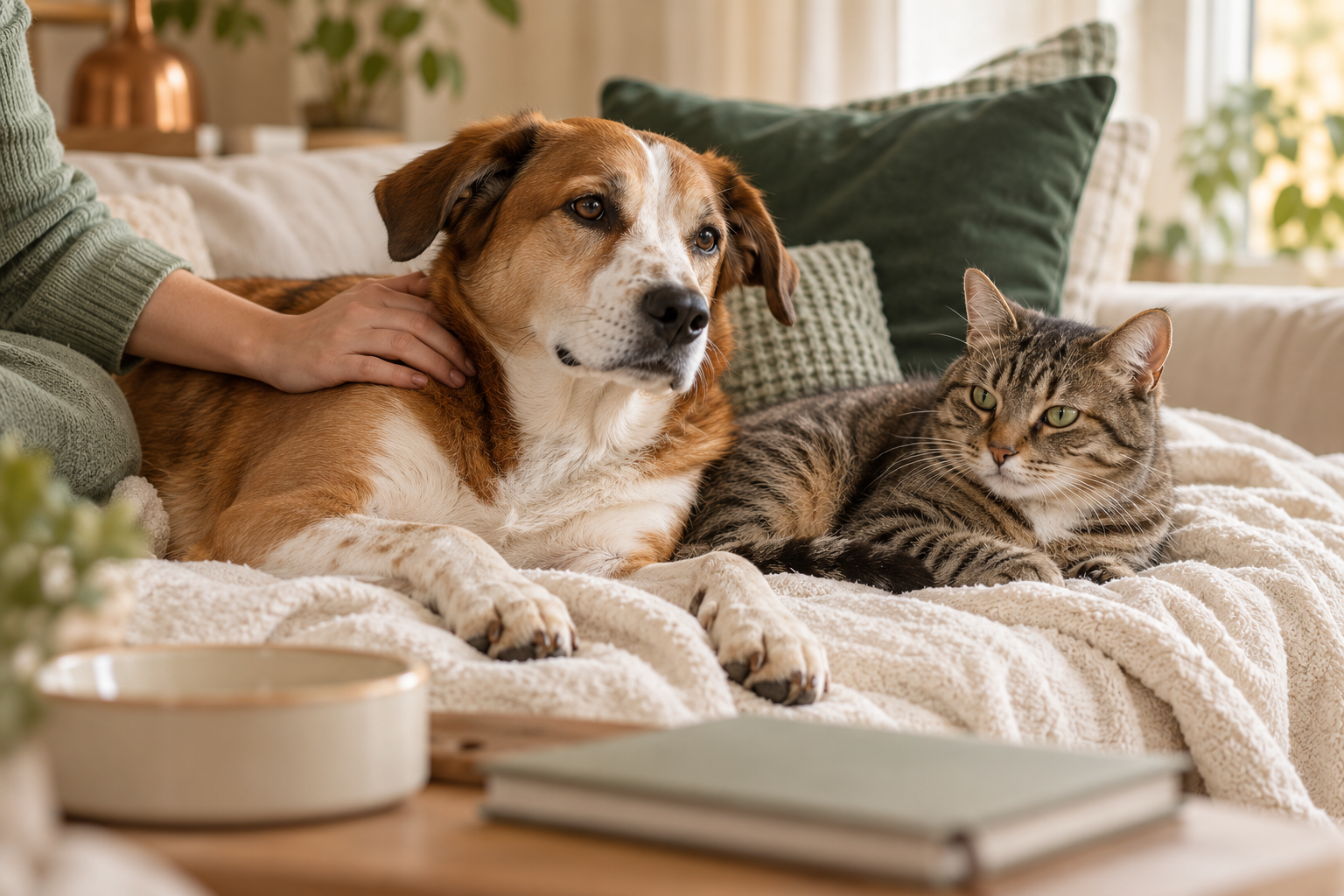 Erwachsener Hund und getigerte Katze ruhen auf einer cremefarbenen Decke – Paket BASIS zur individuellen Ernährungsberatung für gesunde Hunde und Katzen bei der Tierheilpraxis Trickcatting.