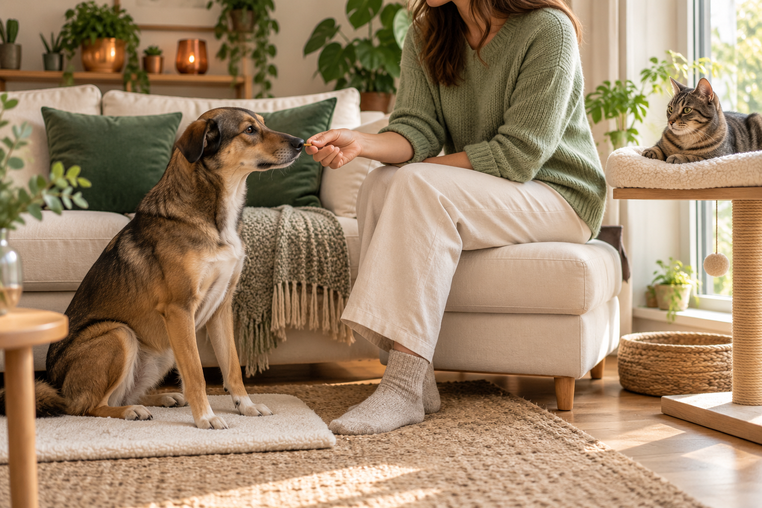 Eine Person belohnt einen ruhig sitzenden Hund mit einem Leckerli, während eine Katze entspannt auf ihrem erhöhten Liegeplatz ruht – Motiv zum Paket Verhalten der Tierheilpraxis Trickcatting.