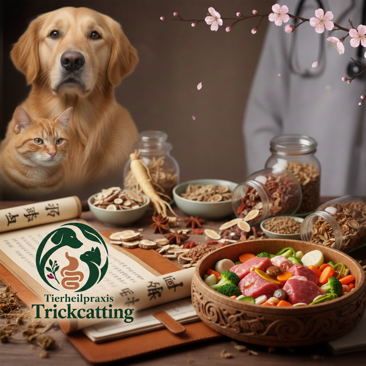 Hund und Katze neben getrockneten Kräutern und einer Schale mit Futterzutaten – Motiv zum Paket TCVM der Tierheilpraxis Trickcatting mit dem neuen Praxislogo.