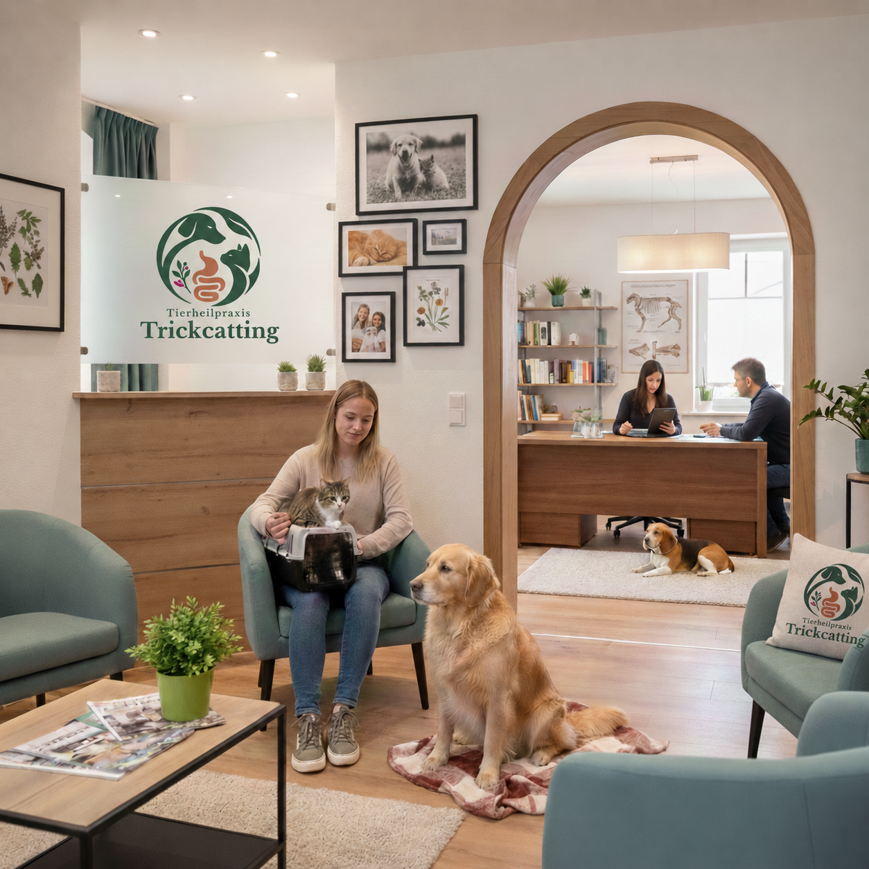 Illustrative Praxisszene zum Paket SENSITIV: Eine Tierhalterin sitzt mit Katze und Hund im Wartebereich. Das neue Trickcatting-Logo ist auf der Glasscheibe und einem Kissen zu sehen.