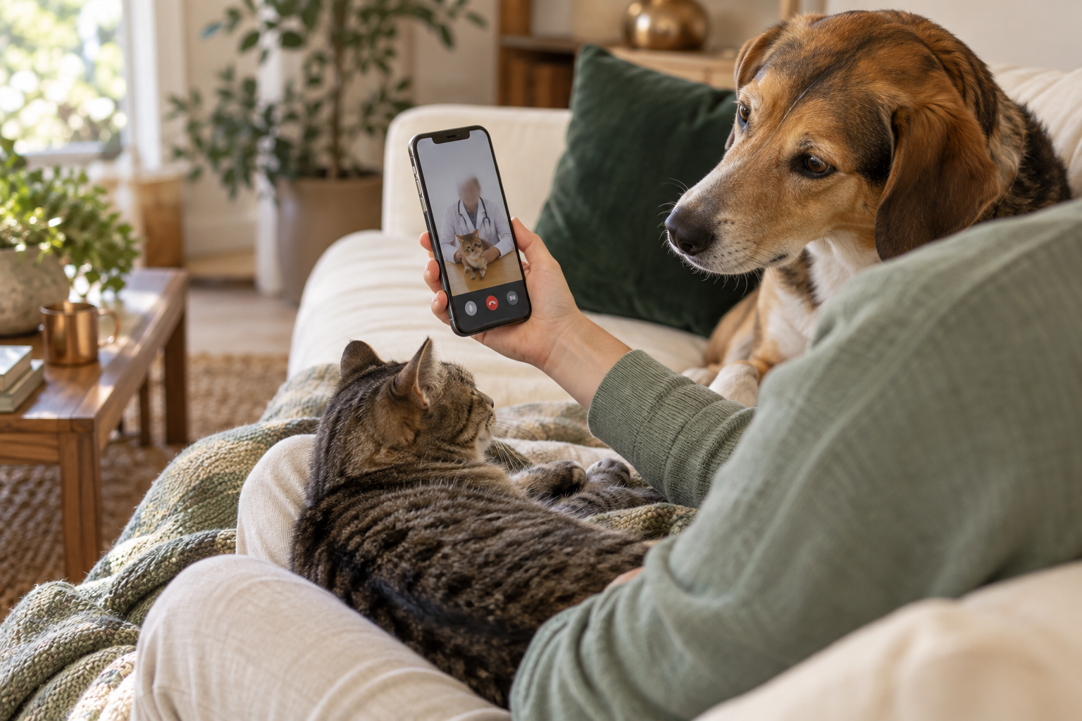 Kostenloses Online-Erstgespräch bei der Tierheilpraxis Trickcatting: Eine Person hält ein Smartphone zum Videoanruf, mit einer Katze auf dem Schoß und einem Hund, der über ihre Schulter schaut.