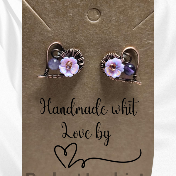 Kleine Ohrringe Herz mit Amethyst Stein und Blumen, Valentinstag Geschenk, für sie, Kupfer Ohrringe, Amethyst Ohrringe