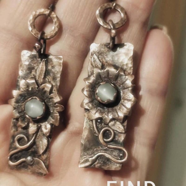 Handmade Copper Flower Earrings – Selenite Stone, Oxidized Jewelry