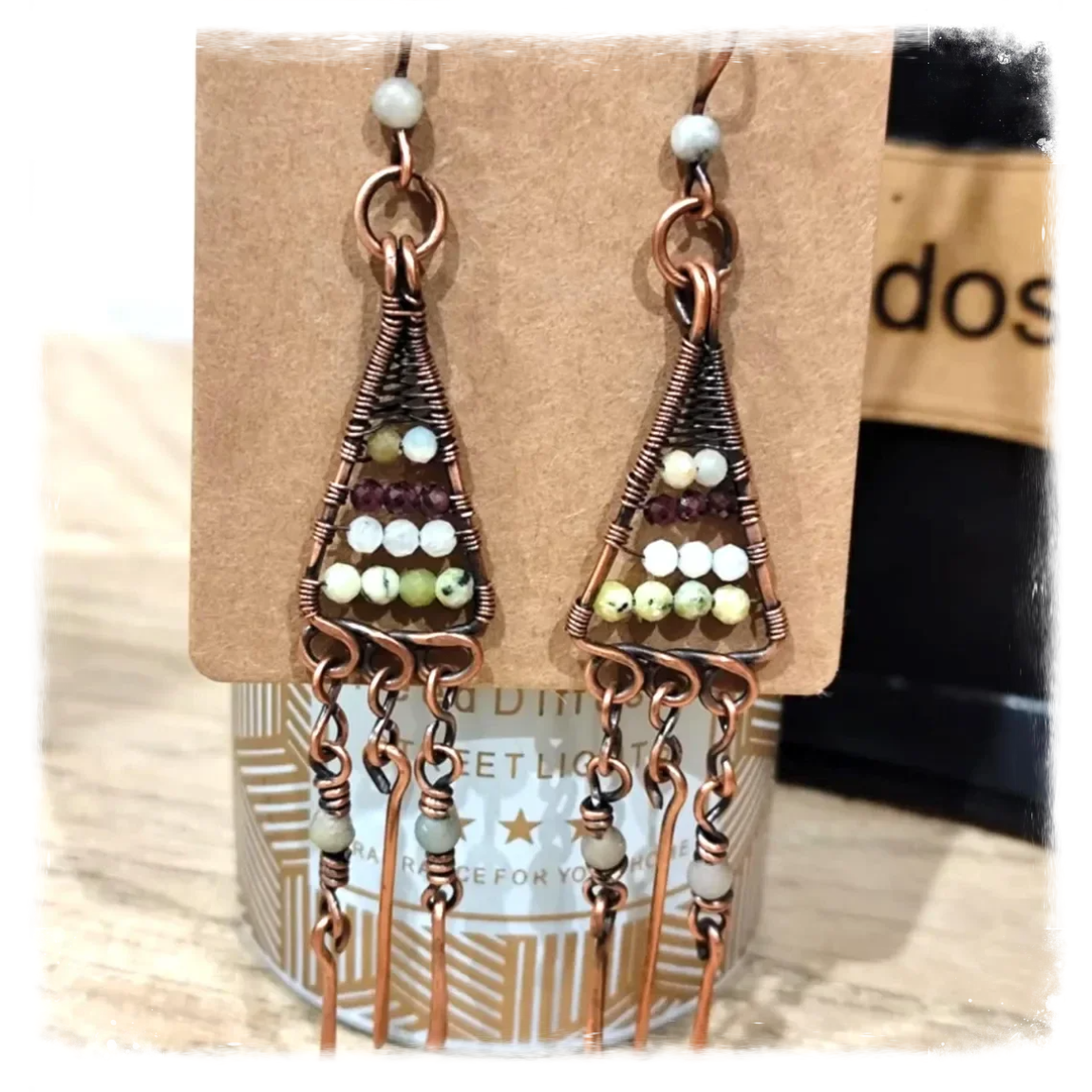 Handmade copper long earrings with gemstones