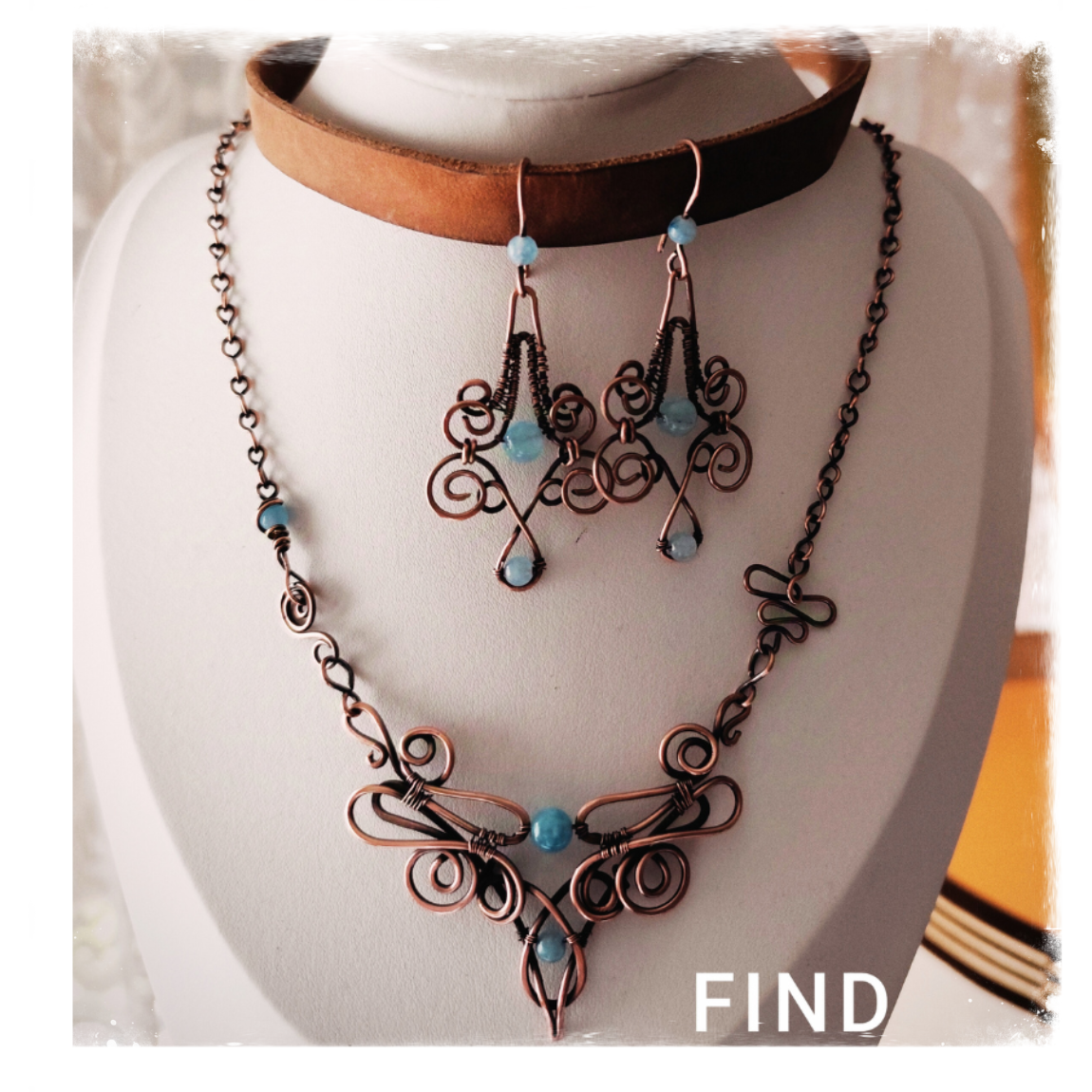 Vintage copper wire and aquamarine stone set