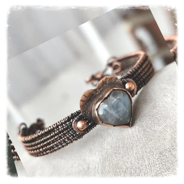 Handmade Labradorite Heart Copper Bracelet: Braided Boho Jewelry