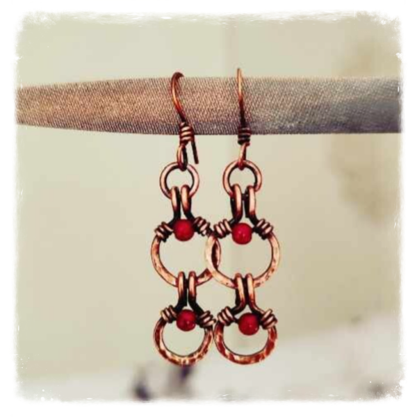 Double Ring Earrings with Red Glass Crystal Pearls