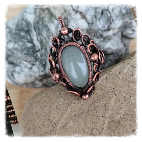 Adjustable copper ring with citron agate, hand-wrapped ring