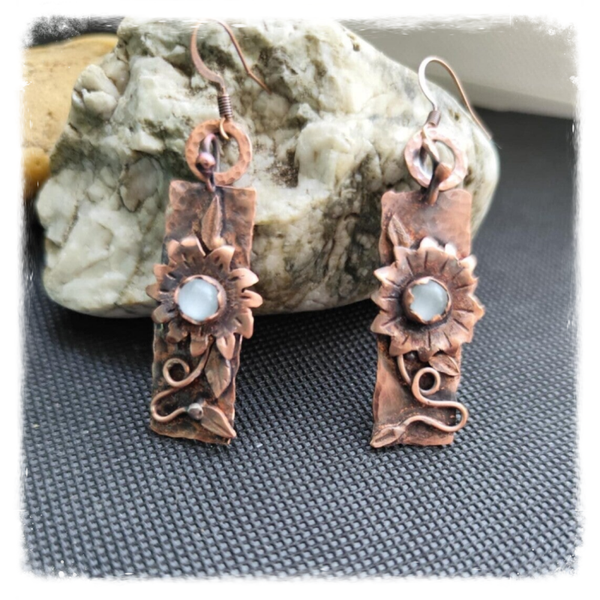 Handmade Copper Flower Earrings – Selenite Stone, Oxidized Jewelry