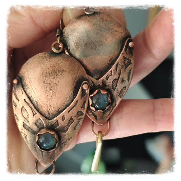 Handmade copper drop earrings with natural labradorite stones