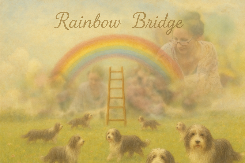 Wegen der vielen Farben nennt man sie die Brücke des Regenbogens.  Auf dieser Seite der Brücke liegt ein Land mit Wiesen, Hügeln und saftigen, grünen Gras.  Wenn ein geliebtes Tier auf der Erde für immer eingeschlafen ist,  geht es zu diesem wunderschönen