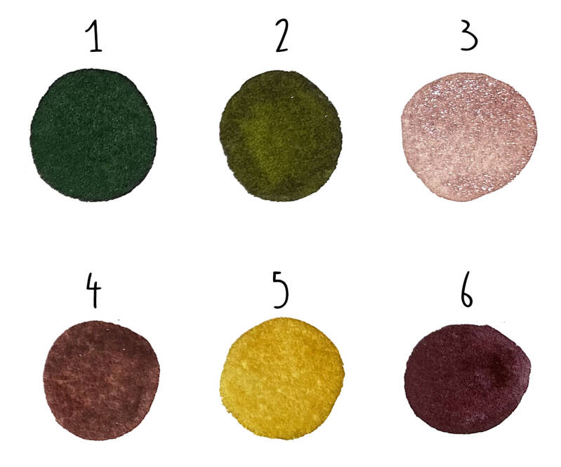 1) Olive green (donker) - Schmincke (wil je dit nog donkerder? Voeg dan wat rood toe.) 2) Sap green + Burnt Orange 3) Red Fuchsite Genuine - Daniel Smith Primatek 4) Piemontite Genuine - Daniel Smith Primatek 5) Yellow Ochre  6) Perylene Violet
