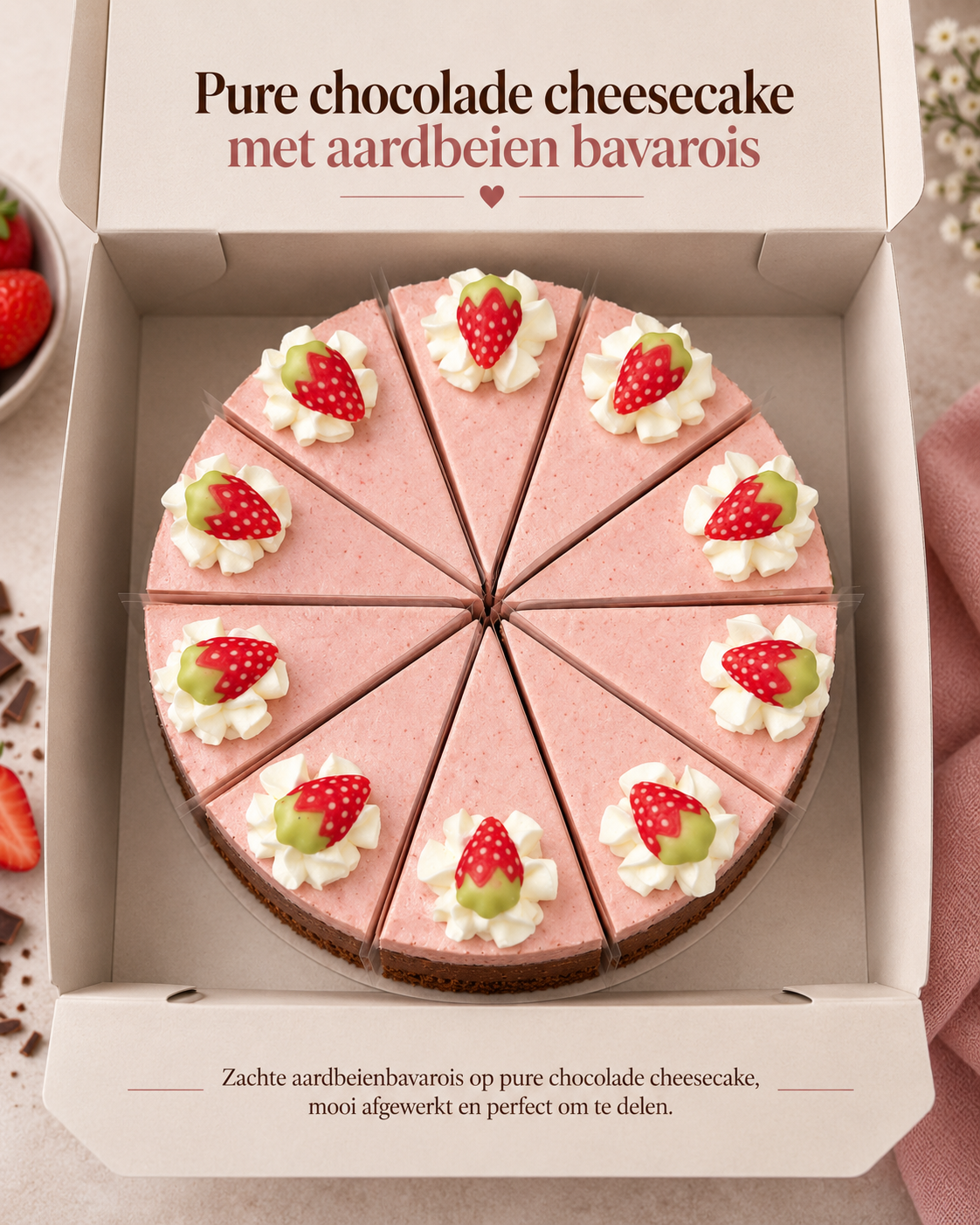 Pure chocolade cheesecake met aardbeienbavarois