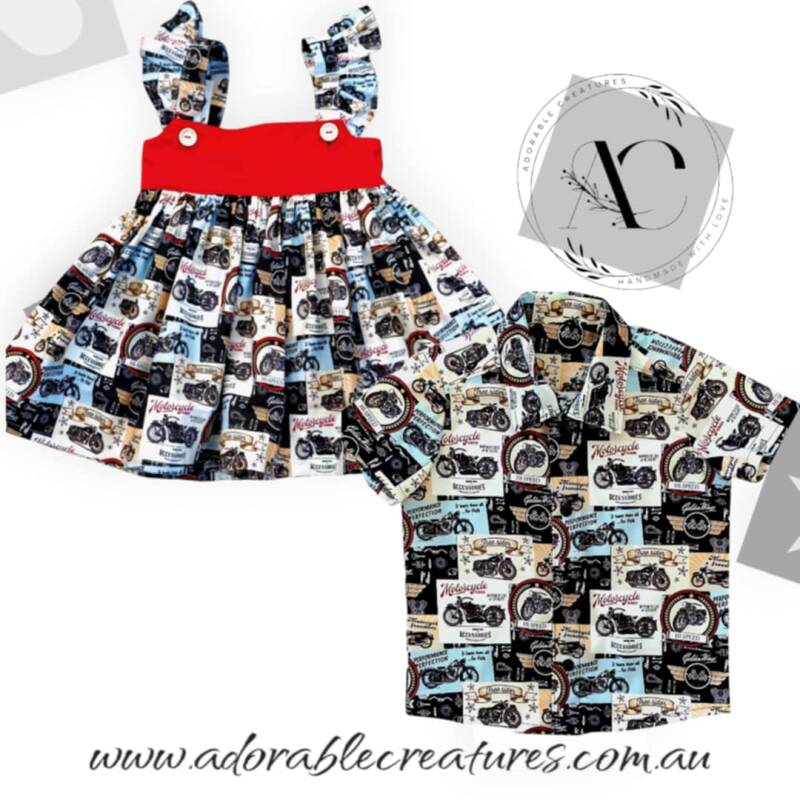 handmade girls dress and boys shirt feauturing a blacn, red and white motorbike print, 100% cotton custom design by Adorable Creatures, made in Australia