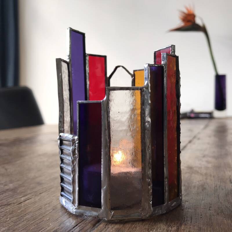 Theelicht glas lood houder sfeer tafel decoratie gekleurd rood paars oranje handgemaakt cathsglas