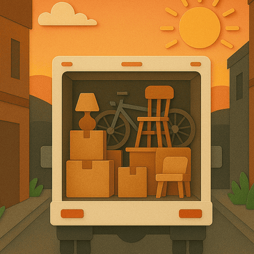 Box truck filled with furniture and boxes during sunset on city street β moving and delivery illustration.