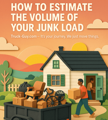 Person loading junk into trailer in front of a house β banner image for estimating junk load volume on Truck-Guy.com.