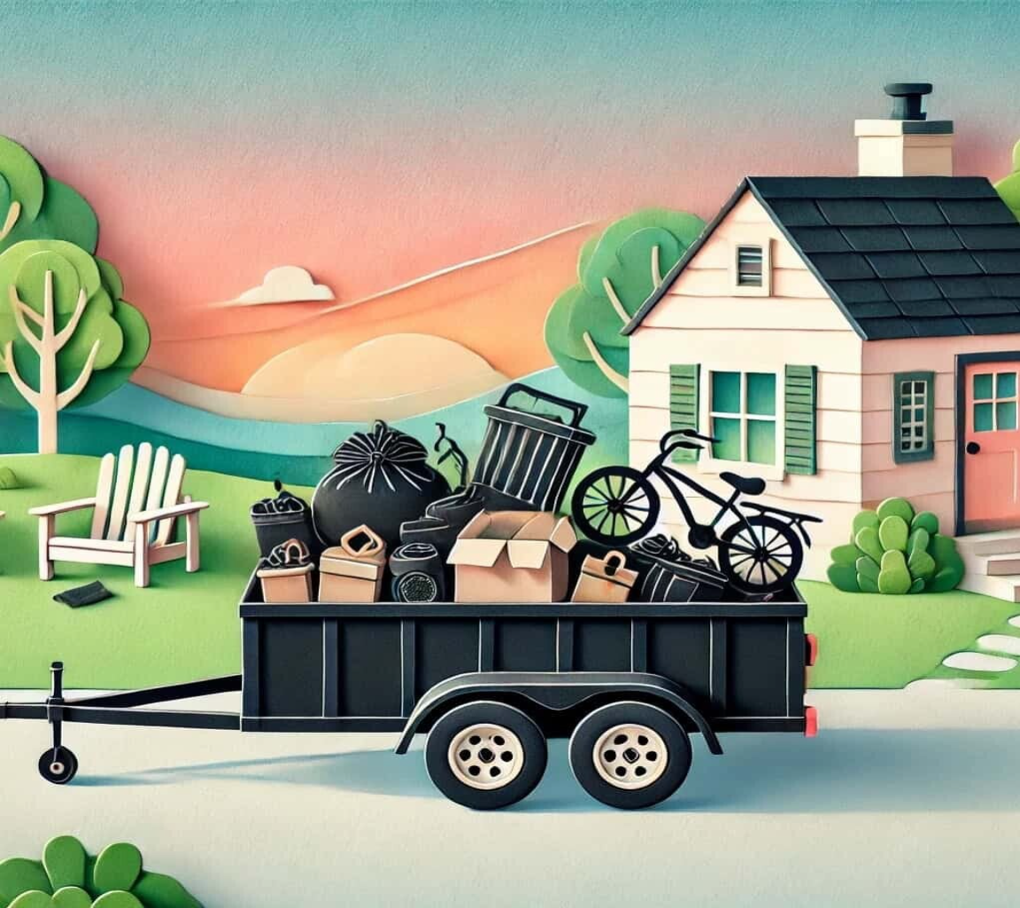  Dump trailer overflowing with household junk, cardboard, furniture, and yard waste in front of home during a Morgantown cleanout job