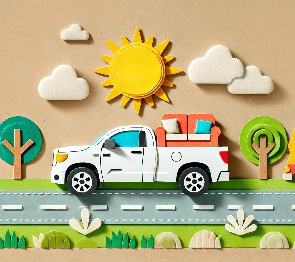 Pickup truck hauling furniture and large items on a bright day, showcasing junk removal and delivery services in Morgantown and Fairmont WV