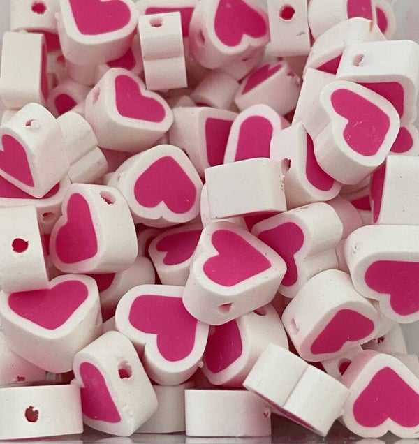 Polymeer hartjes kralen fuchsia - white