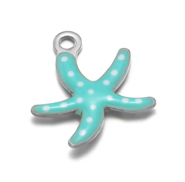 Stainless steel bedel zeester dots-turquoise wit zilver