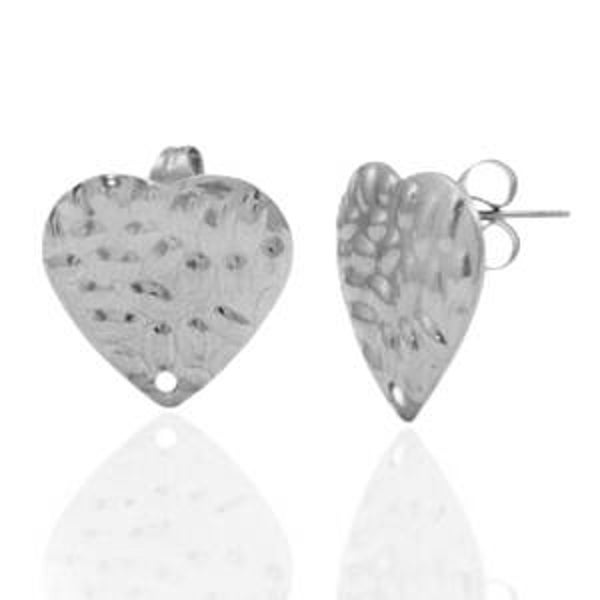 Stainless steel oorsteker hart hammered met oogje zilver