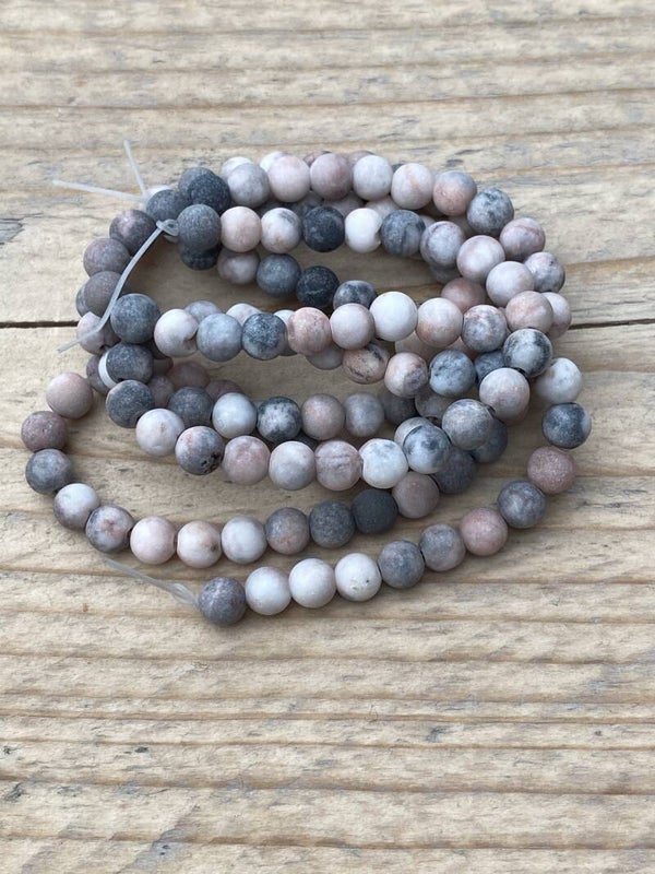 6mm natuursteen kralen mat grey - pink