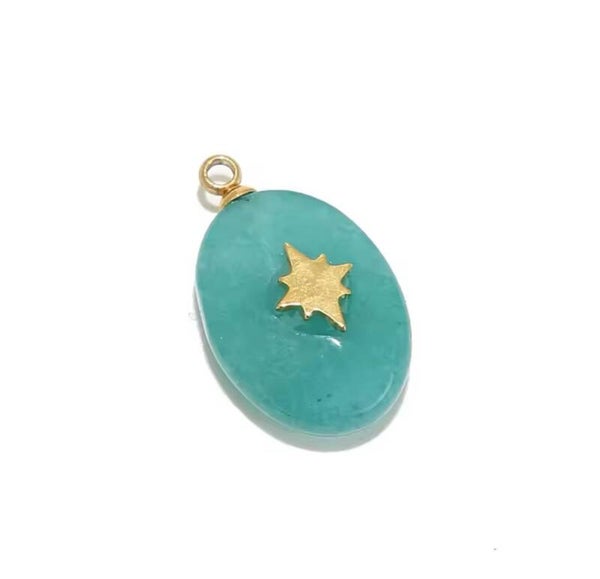 Natuursteen & stainless steel hanger. Teal Starnight Gold