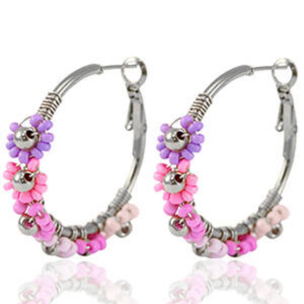 Stainless steel creolen flower Zilver - Pink 35cm
