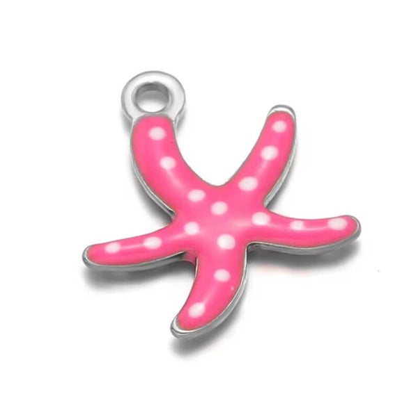 Stainless steel bedel zeester dots- donker roze wit zilver