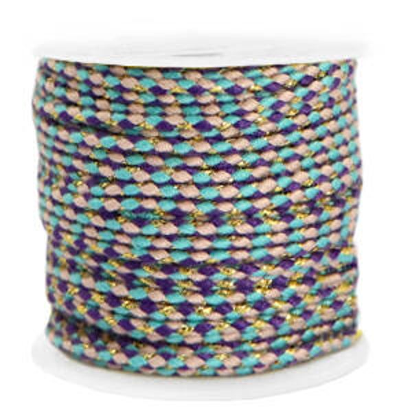 Trendy koord gevlochten 2mm Gold - Turquoise/ purple