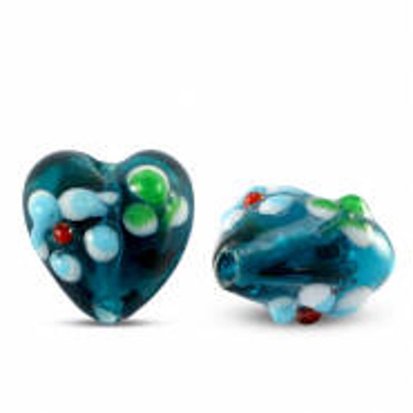 Glas kralen heart flower transparant-dark teal green