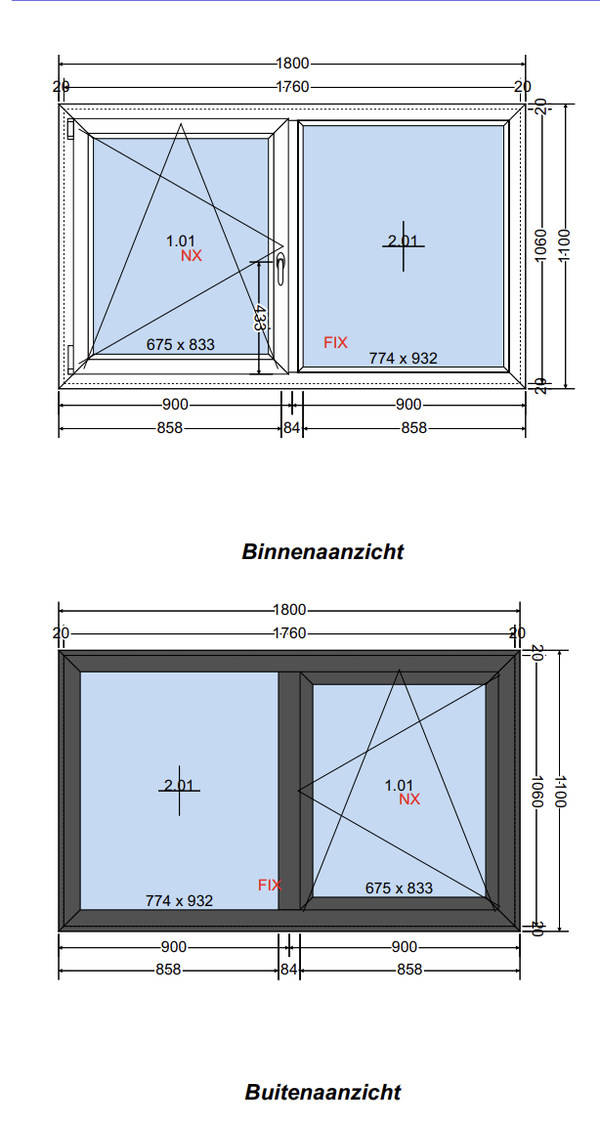 Kunststof kozijn 1800 × 1100 mm – draaikiepraam + vast raam – HR++ glas – wit/antraciet