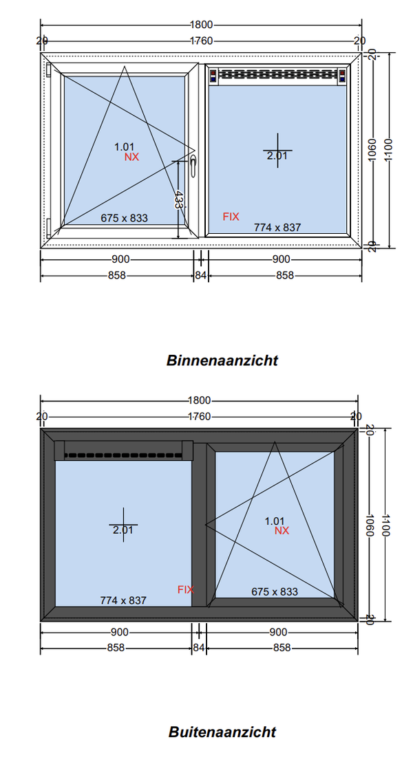 Kunststof kozijn 1800 × 1100 mm – draaikiepraam + vast raam met ventilatierooster – HR++ glas – wit/antraciet