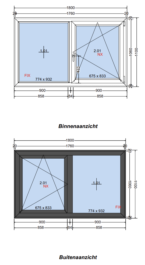 Kunststof kozijn 1800 × 1100 mm – vast raam + draaikiepraam – HR++ glas – wit/antraciet