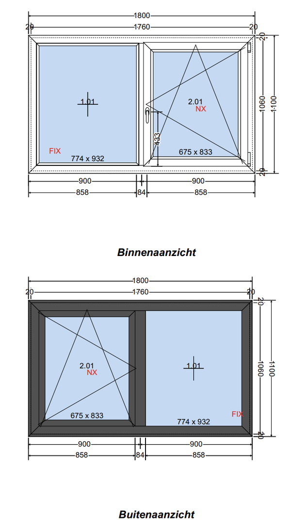 Kunststof kozijn 1800 × 1100 mm – vast raam + draaikiepraam – HR++ glas – wit/antraciet