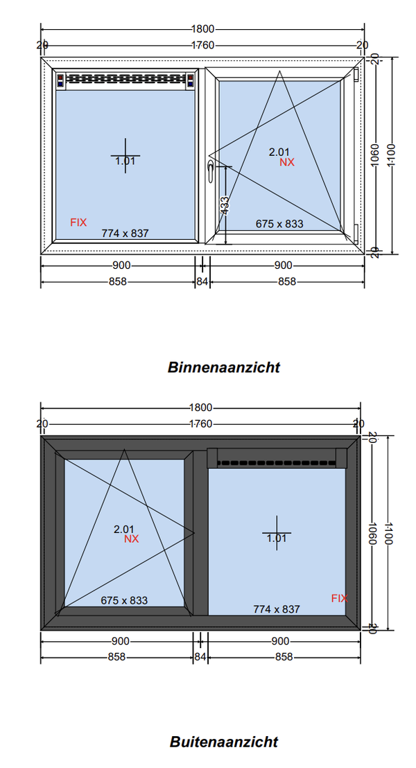 Kunststof kozijn 1800 × 1100 mm – vast raam met ventilatierooster + draaikiepraam – HR++ glas – wit/antraciet