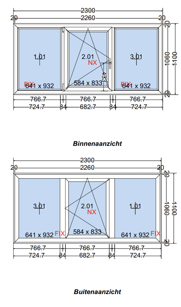 Kunststof kozijn 2300 × 1100 mm – draaikiepraam + 2 vaste ramen – HR++ glas – wit