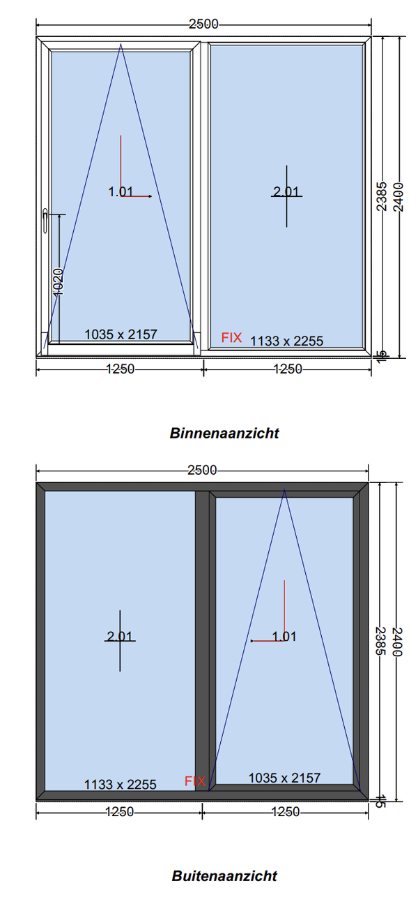 # Kunststof schuifpui 2500 × 2400 mm – HR++ glas – wit binnen / antraciet buiten – nieuw