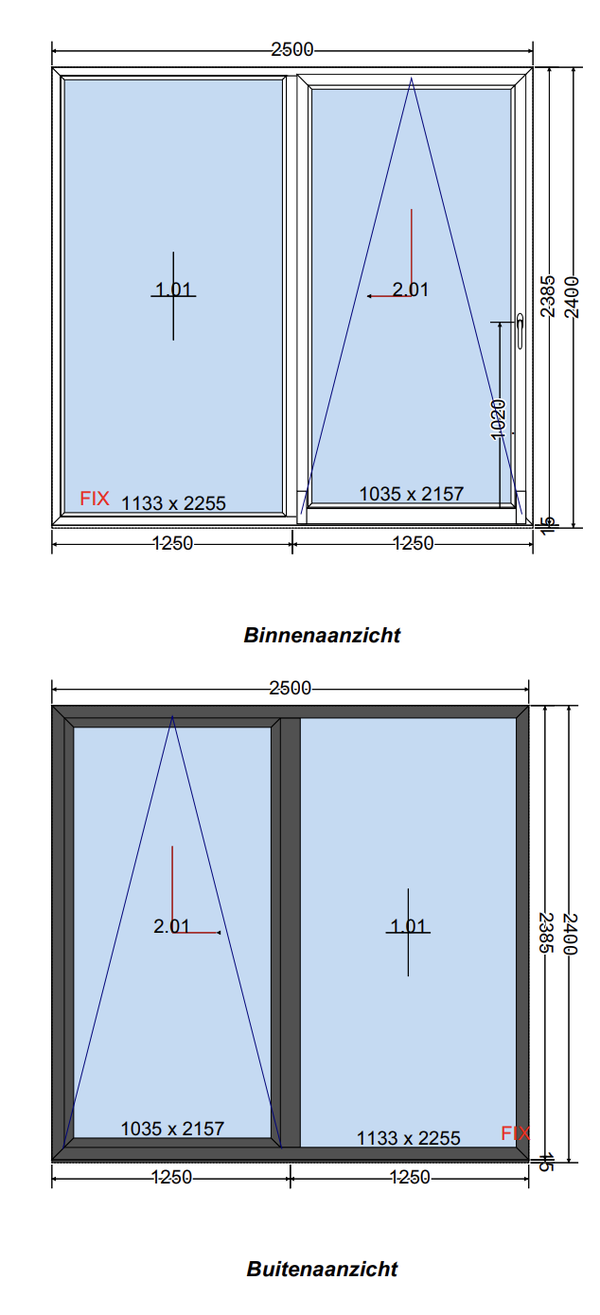 # Kunststof schuifpui 2500 × 2400 mm – HR++ glas – wit binnen / antraciet buiten – nieuw