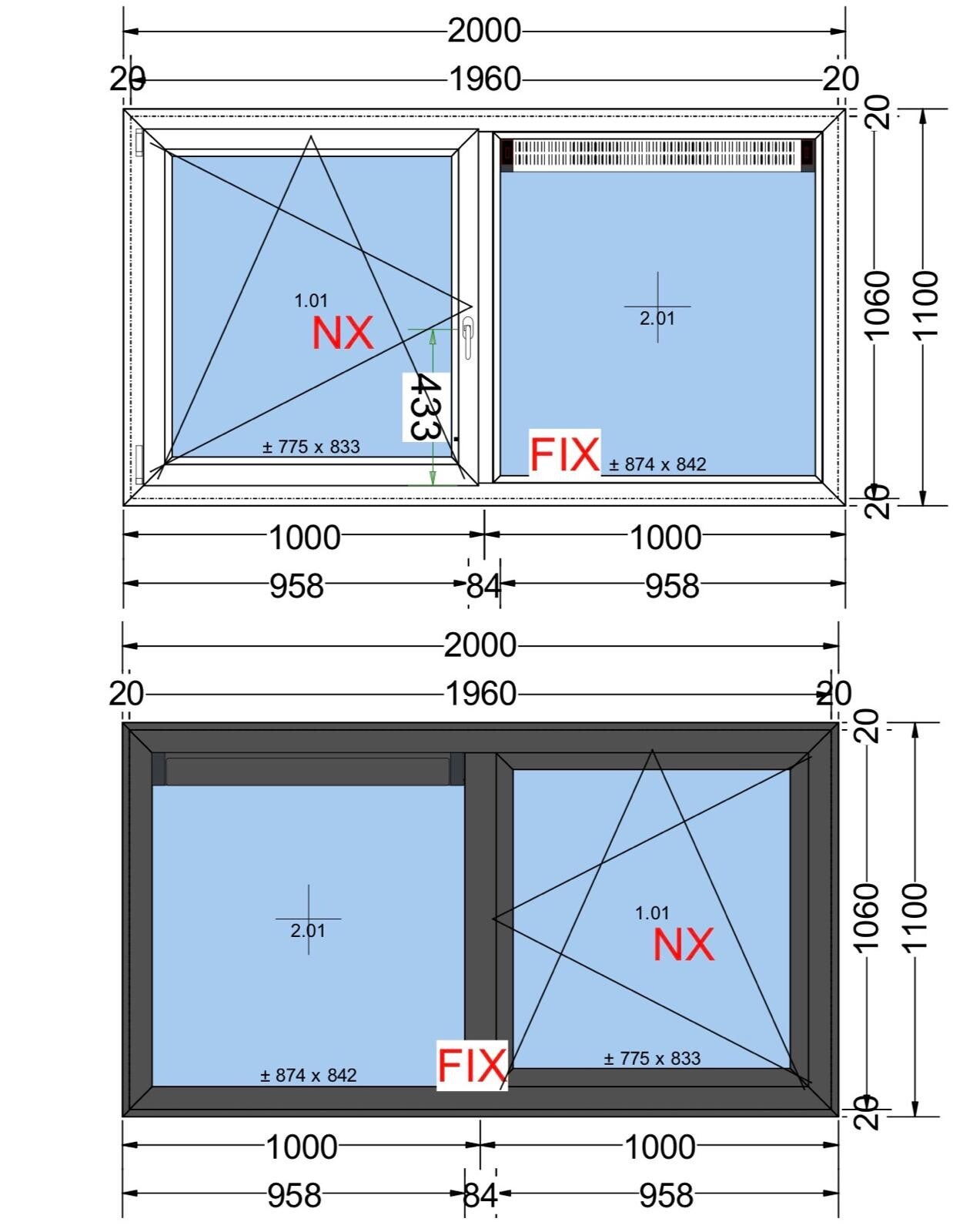 Kunststof kozijn 2000 × 1100 mm – draaikiepraam + vast raam met ventilatierooster – HR++ glas – wit/antraciet