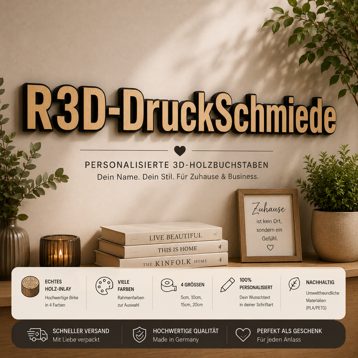 Personalisierter 3D-Buchstaben | Holz Schriftzug | Namensschild | Wanddeko | Familienname |  Wunschtext | PLA & PETG | Indoor | Outdoor