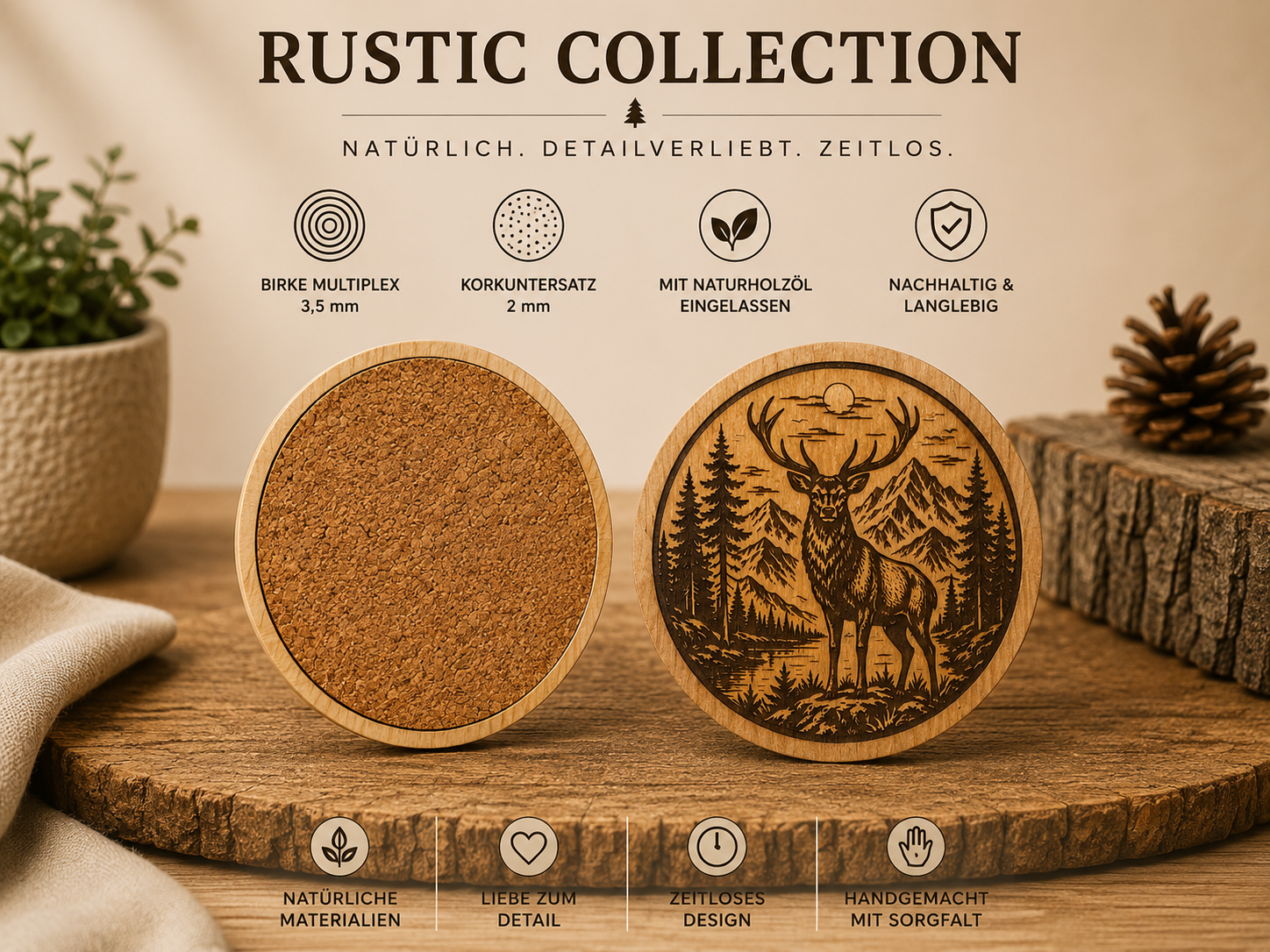 Rustic Collection – Hirsch (Exklusive Holzprodukte mit 3D-Druck & Lasergravur)