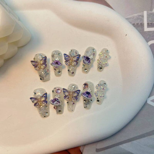 Handmade Press on Nail Exquisite Dreamy Purple Star Butterfly Style Handcrafted Finished Nail Piece