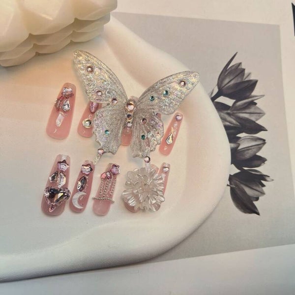 Handmade Press on Nail Exquisite Personalized Handcrafted Oversized Butterfly Finished Nail Piece