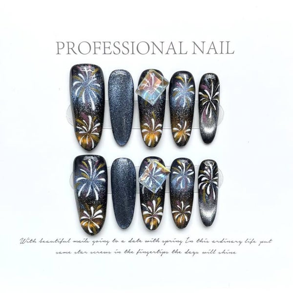 Handcrafted Press on Nail Art with Holographic Gradient, Cat Eye Effects, Sparkling Aurora, Rainbow, and Firework Patterns. Perfect for New Year's, with Long Oval-Shaped Nails.